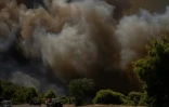 Des véhicules de secours stationnés au premier plan tandis que de la fumée s’élève d’un incendie de forêt à l’arrière-plan, dans la région de Porto Germeno, le 1er août 2026