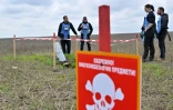 Des démineurs de l'ONG Halo dans un champ du village de Ievguenivka, dans la région de Mykolaïv, le 9 avril 2023 en Ukraine
