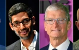 (G Ă D): Le patron de Facebook Mark Zuckerberg le 23 mai 2018, de Google Sundar Pichai, le 22 janvier 2019, d'Apple Tim Cook, le 28 octobre 2019 et d'Amazon Founder Jeff Bezos le 6 juin 2019