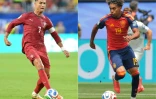Combophoto édité le 4 juillet 2026 représentant la superstar du Portugal Cristiano Ronaldo (à gauche) et le prodige espagnol Lamine Yamal Nasraoui qui s'affrontent en 8e de finale du Mondial, deux jours plus tard à Dallas