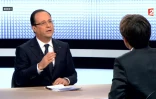 Capture d'écran du passage télévisé sur la chaîne France 2 du président français François Hollande, le 28 mars 2013 à Paris