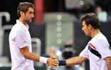 Les Croates Marin Cilic et Ivan Dodig lors d'un match de double en Coupe Davis, le 2 février 2013 à Turin