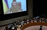 Le président ukrainien Volodymyr Zelensky en visioconférence devant le Conseil de sécurité de l'Onu réuni à New York, le 5 avril 2022
