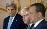 Le secrétaire d'Etat américain John Kerry, le chef de la diplomatie britannique Boris Johnson et l'envoyé spécial de l'ONU pour le Yémen, Ismaïl Ould Cheikh Ahmed, le 16 octobre 2016 à Londres