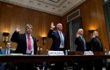 Quatre lanceurs d'alerte dont Sam Salehpour (g), ingénieur qualité, lors d'une audition au Sénat sur la sécurité des avions Boeing, le 17 avril 2024 à Washington