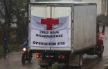 Un camion de la Croix-Rouge du Nicaragua pendant un ouragan, le 16 novembre 2020 à Puerto Cabezas