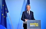 Le ministre de l'Economie, Bruno Le Maire, au cours d'une réunion, à Stockholm, le 28 avril 2023