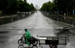 Une rue presque déserte à Vinh, ville côtière de la province de Nghe An, avant l'arrivée du typhon Kajiki, le 25 août 2025 au Vietnam