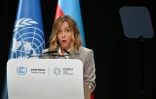 La cheffe du gouvernement italien, Giorgia Meloni à la tribune de la COP29, le 13 novembre 2024 à Bakou, en Azerbaïdjan