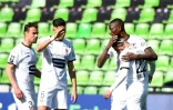La joie des Rennais après un but marqué contre Metz, lors de leur match de L1, le 20 mars 2021 au stade Saint-Symphorien à Longeville-lès-Metz