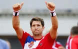 Le Serbe Dusan Lajovic vainqueur face au Britannique James Ward en quarts de finale de Coupe Davis, le 16 juillet 2016 à Belgrade 