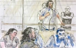 Croquis d'audience du 25 juin 2018 montrant Farid Rettoun (2e g), son fils Samy (en haut au centre), sa femme Sana (à g), et ses avocats lors de son procès devant le tribunal correctionnel de Paris 