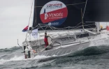 Le skipper allemand Boris Hermann, à bord de son monocoque "Sea Explorer-Yachtclub", le 4 juillet 2020 au large des Sables-d'Olonne