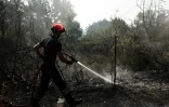 Un pompier essaie d'éteindre un incendie le 22 juillet 2026 à Cotignac