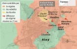 Localisation des quartiers d'Alep pris par le régime d'où plus de 4 000 civils fuient, et zones de contrôle des différents belligérants 