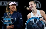 La gagnante de l'Open d'Australie, la Japonaise Naomi Osaka (g), et son adversaire en finale, la Tchèque Petra Kvitova, à Melbourne, le 26 janvier 2019