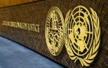 Le logo de la Cour internationale de justice (CIJ) lors d'une audience à La Haye, le 17 mai 2024