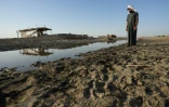 Un homme au bord d'une rivière asséchée des marais de Chibayich, le 24 juin 2023 sans le sud de l'Irak