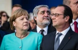 Angela Merkel, Abdullah Abdullah et François Hollande lors du sommet de l'Otan le 8 juillet 2016 à Varsovie
