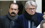 Les secrétaires généraux de la CGT Philippe Martinez (g) et de FO Jean-Claude Mailly (d) à leur sortie de Matignon à Paris le 14 mars 2016