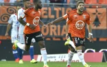 La joie de Jimmy Cabot (d), auteur du but de la victoire de Lorient contre Lyon, le 24 septembre 2016 au Moustoir