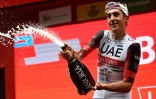 Le coureur espagnol de l'équipe UAE Marc Soler après sa victoire sur la 5e étape du Tour d'Espagne entre Irun et Bilbao, le 24 août 2022.