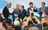 De gauche à droite: les leaders d'extrême droite européens Geert Wilders, Marine Le Pen, Viktor Orban, Matteo Salvini et Tom Van Grieken, le 23 mars 2026 à Budapest