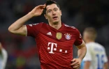 La joie de l'attaquant polonais du Bayern Munich Robert Lewandowski, après avoir marqué contre le Dynamo Kiev, lors de leur match de poule de Ligue des Champions, le 29 septembre 2021 à Munich