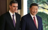 Le président chinois Xi Jinping (d) et le Premier ministre espagnol Pedro Sanchez arrivent à une réunion bilatérale à la résidence Diaoyutai à Pékin, le 11 avril 2025