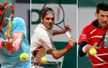 Montage de photos d'archives de l'Espagnol Rafael Nadal, du Suisse Roger Federer et du Serbe Novak Djokovic, qui se retrouvent dans la même moitié de tableau après le tirage au sort pour le tournoi de Roland-Garros, qui débute, le 29 mai 2021 à Paris