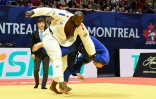 Teddy Riner (en blanc) a battu le Japonais Hisayoshi Harasawa en finale du Grand Prix de Montréal, le 7 juillet 2019.