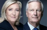 Marine Le Pen, lors d'une séance photo à Paris le 20 octobre 2021, et Michel Barnier, lors d'une séance photo le 11 mai 2021 à Paris