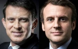 Combo de photos montrant Manuel Valls le 24 novembre 2016 à Paris et  Emmanuel Macron le 7 mars 2017 à Paris