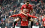 La joie du milieu de terrain rennais Benjamin Bourigeaud, aprÚs avoir ouvert le score à domicile contre Angers, lors de la 27e journée de Ligue 1, le 6 mars 2022 au Roazhon Park