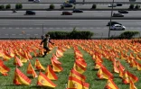 Un enfant court, le 27 septembre 2020, parmi les milliers de petits drapeaux espagnols plantés dans le parc Roma à Madrid en souvenir des victimes du Covid-19