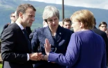 Le président français Emmanuel Macron, la PremiÚre ministre britannique Theresa May et la chanceliÚre allemande Angela Merkel, ici le 22 mai 2018 lors d'un sommet UE-Balkans à Sofia, tentent de maintenir en vie l'accord sur le nucléaire iranien dénoncé par les Etats-Unis.