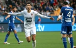 La joie de l'attaquant rennais Martin Terrier, après avoir égalisé (2-2) face à Troyes, lors de la 12e journée de Ligue 1, le 31 octobre 2021 au Stade de l'Aube