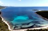 Vue aérienne des champs de posidonies dans les eaux bleues de la mer Adriatique, à Sakarun, sur l'île de Dugi Otok, le 8 mai 2025 en Croati