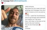 Image distribuée avec l'autorisation de la Fédération danoise de football (DBU) d'un message de Christian Eriksen posté sur Instagram depuis son lit d'hôpital à Copenhague le 15 juin 2021