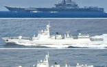 Montage photos diffusé le 18 septembre 2024 par le Bureau des relations publiques de l'état-major interarmées du ministère japonais de la Défense montrant le porte-avions chinois Liaoning (en haut) et deux destroyers lance-missiles de classe Luyang III (entre et bas) en mer, dans les eaux proches de la région d'Okinawa, au sud du Japon