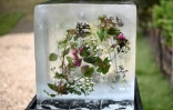 Des fleurs dans un bloc de glace au Chelsea Flower Show à Londres le 23 mai 2022