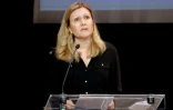 La présidente de l'Assemblée nationale Yael Braun-Pivet, discourant lors d'une soirée de mobilisation contre la montée de l'antésimitisme en Europe, au théâtre Antoine à Paris le 3 juin 2024