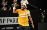Le Français Lucas Pouille lors de son quart de finale contre le Russe Andrey Rublev lors du tournoi de Marseille (sud de la France) le 18 février 2022