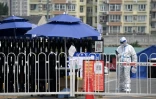 Un agent de sécurité, en combinaison intégrale de protection contre le Covid-19, à l'entrée d'un ensemble résidentiel sous confinement, le 20 juin 2022 à Pékin