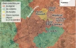 Localisation des quartiers d'Alep perdus par les rebelles depuis le 23 novembre, zones contrôlées par les forces en présence