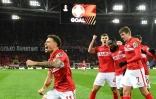 La joie de l'attaquant suédois du Spartak Moscou, Jordan Larsson, après avoir marqué le 2e but contre Leicester, lors de leur match de la Ligue Europa, le 20 octobre 2021 à Moscou