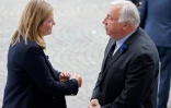 Le président du Sénat Gérard Larcher et la présidente de l'Assemblée nationale Yaël Braun-Pivet lors du défilé militaire du 14 juillet 2023 sur les Champs-Élysées à Paris