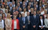 Les députés du groupe RN arivent à l'Assemblée nationamle avec leur présidente  Marine Le Pen, le 10 juillet 2024