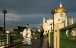 Un couple de jeunes mariés se fait photographier le 1er avril 2019 à la mosquée Sultan Omar Ali Saifuddien de Bandar Seri Begawan, la capitale du sultanat de Brunei
