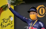 La joie du Belge Tim Merlier, vainqueur de la 3e étape du Tour de France, disputée entre Lorient et Pontivy, le 28 juin 2021